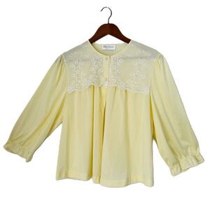 Sans Souci Bed Jacket Lingerie Women L Yellow Silky Lace Feminine Cottage Vintge